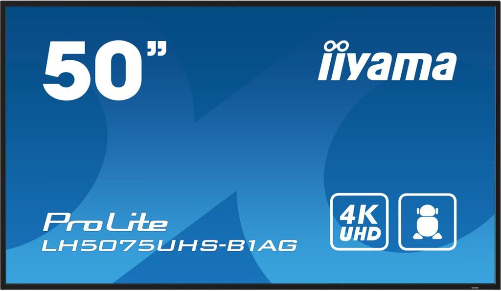 A marketing image for a 50-inch ProLite monitor, displaying its size, brand, model number, and key features like 4K UHD.