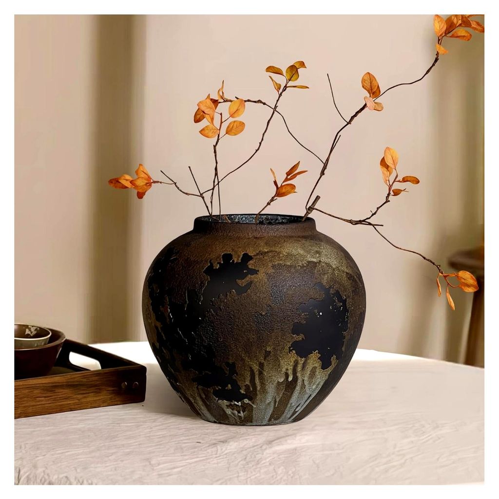 Schwarze rustikale Keramische Vase, 19,5 cm / 7,68 Zoll, Terrakotta, hoher Boden, Bauernhausstil für minimalistisches Heimdekor