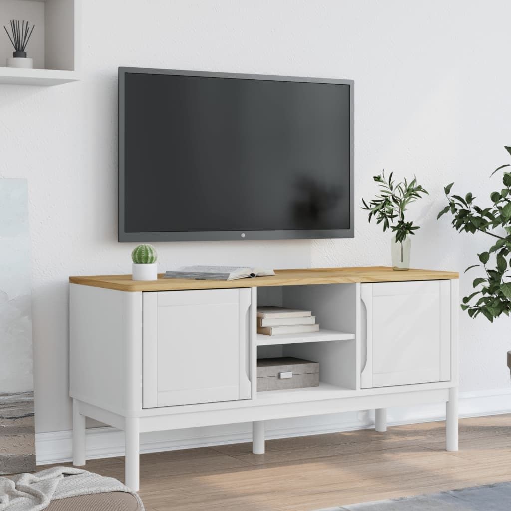 "2026 Aktion"TV-Schrank Industriestil - CLORIS - Fernsehenschrank - FLORO Weiß 114x43x55 cm Massivholz Kiefer - DEMöbel5041748