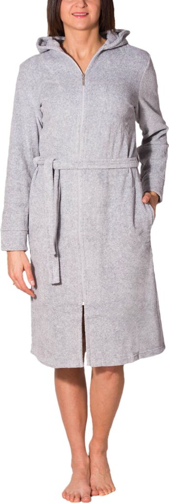 Aquarti Damen Bademantel Morgenmantel mit Reißverschluss Lang, Farbe: Melange / Grau, Größe: XL