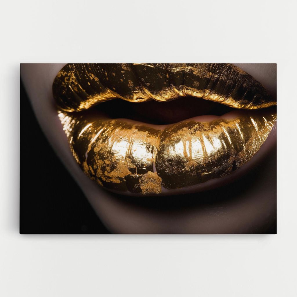 ARTHUB Leinwandbild 30x40 cm, Big Gold Lips | Wohnzimmerdekoration, Hängende Bilder, Wanddekoration, Heimdekoration, Frauen, Lippen