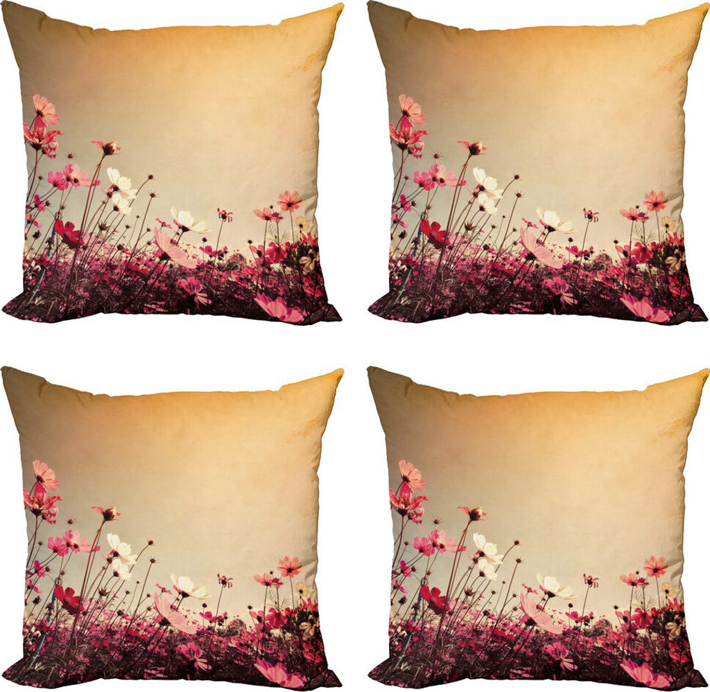 ABAKUHAUS Blumen Kissenbezug Set (4 Stück), Garten-Blumen-Mohnblumen, Moderner Doppelseitiger Digitaldruck, 60 cm x 60 cm, Pale Pink Khaki und Rosa
