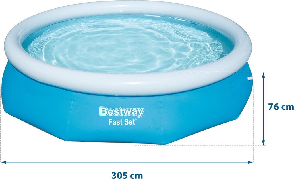 An inflatable swimming pool filled with water, with dimensions indicated.