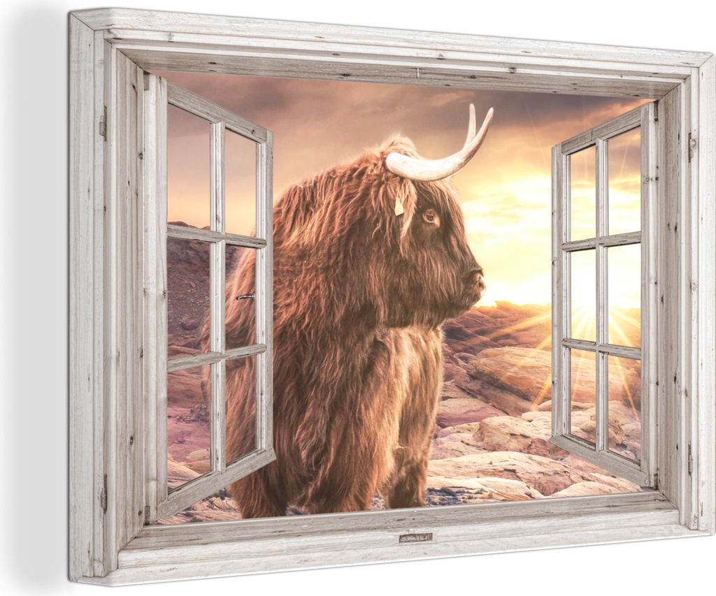 OneMillionCanvasses - Leinwandbilder - 150x100 cm, Schottisches Hochlandrind - Aussicht - Sonnenuntergang, - Geöffnetes Fenster - Fensterblick H...