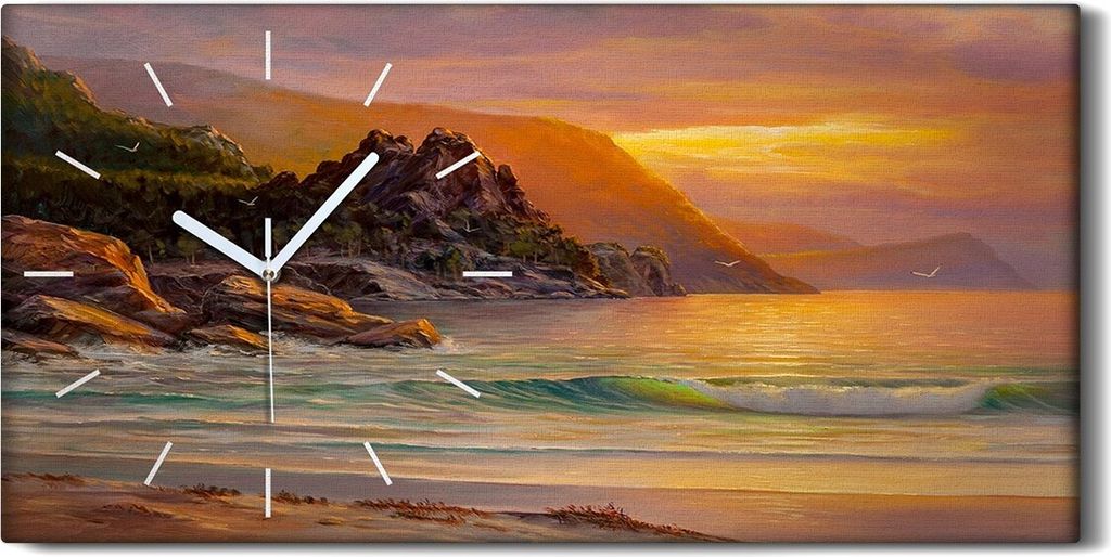 Wandbild Leinwand Bilder Wanduhr 60x30 Küste Bäume Meer Wellen Sonnenuntergang - weiße Hände