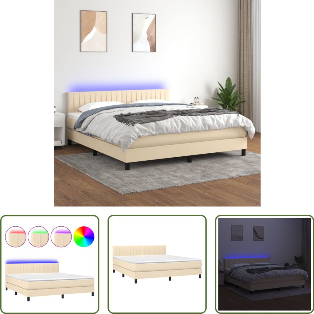 The Living Store Boxspringbett mit Matratze & LED Creme 160x200 cm Stoff