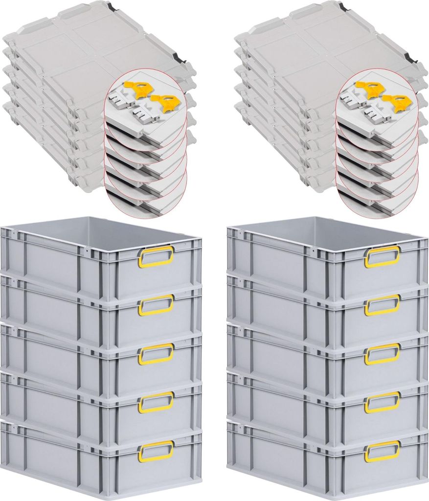SuperSparSet 10x Eurobox NextGen Color mit Scharnierdeckel und Schiebeschnappverschlüssen | HxBxT 17x40x60cm | 34 Liter | Grau | Griffe gelb gesch...
