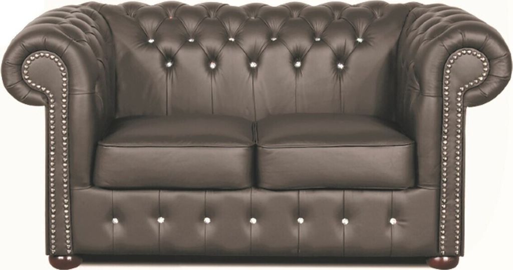 Casa Padrino Chesterfield Echtleder 2er Sofa in dunkelgrau mit Swarovski Kristallsteinen 160 x 90 x H. 78 cm - Luxus Kollektion