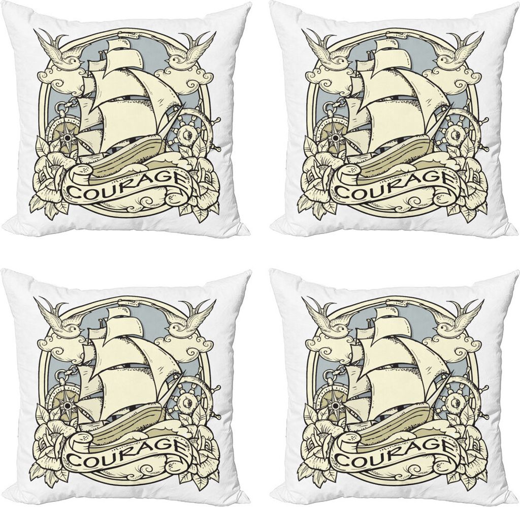 ABAKUHAUS Vintage Boat Kissenbezug Set (4 Stück), Schiff Ornament Kunst, Moderner Doppelseitiger Digitaldruck, 50 cm x 50 cm, Beige und Grau