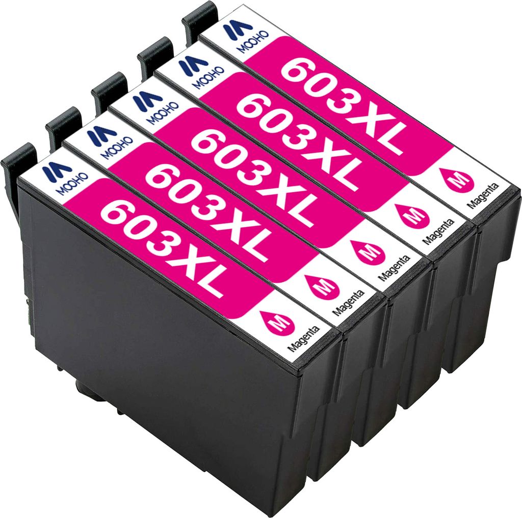 A group of magenta printer ink cartridges arranged diagonally.