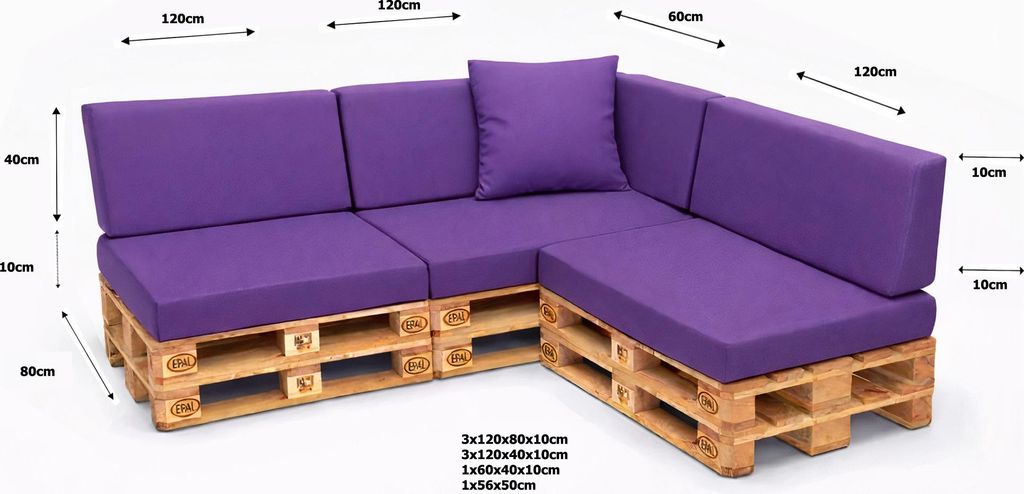 Setgarden Large Palettenkissen 8er Set Outdoor 120x80x10cm Sitzkissen + Rückenkissen 120x40x10cm 1tlg Violett