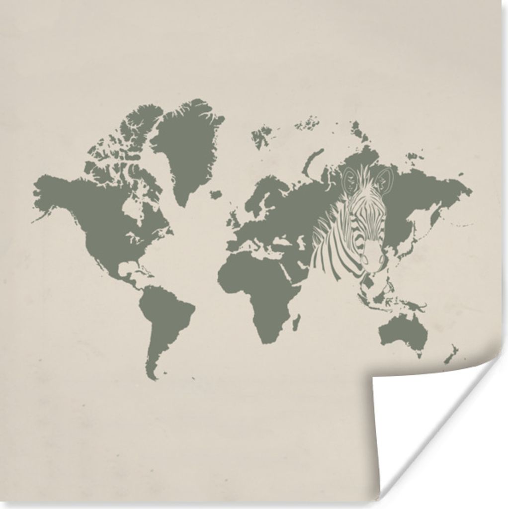MuchoWow Poster Weltkarte - Zebra - Grau 100x100 cm - Babyzimmer