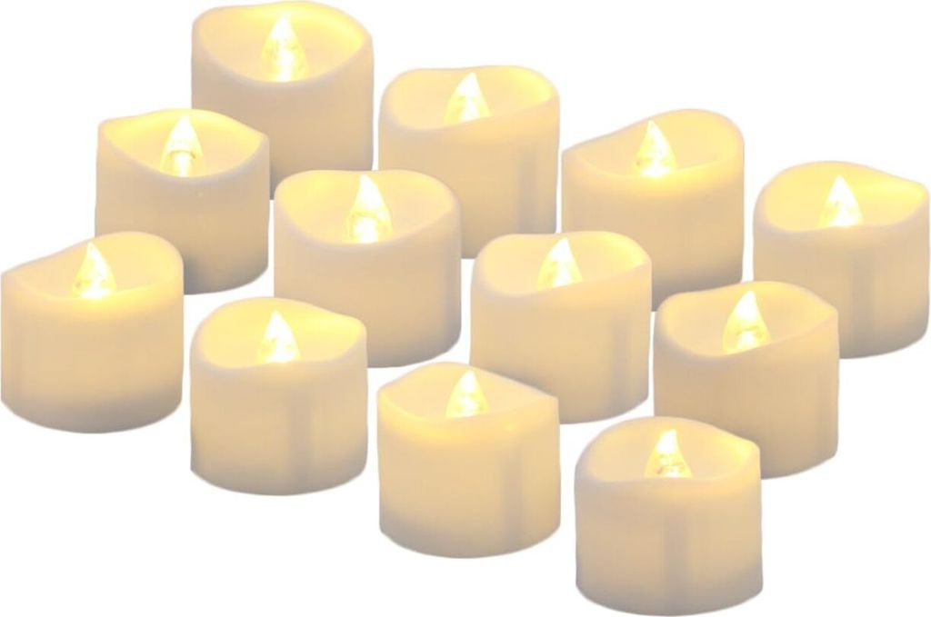A group of LED tea lights arranged on a white background.