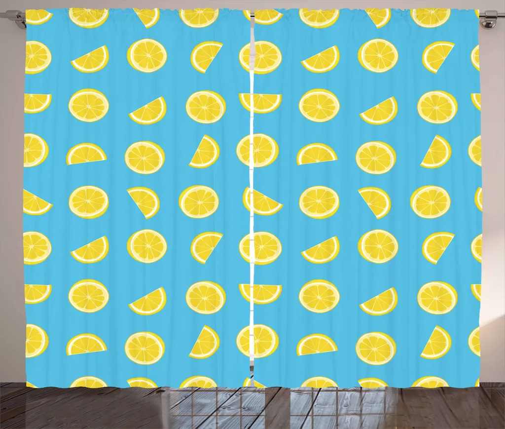 Rideau Rustique Citron Bleu Ciel et Jaune en Tissu Durable 280x225 cm