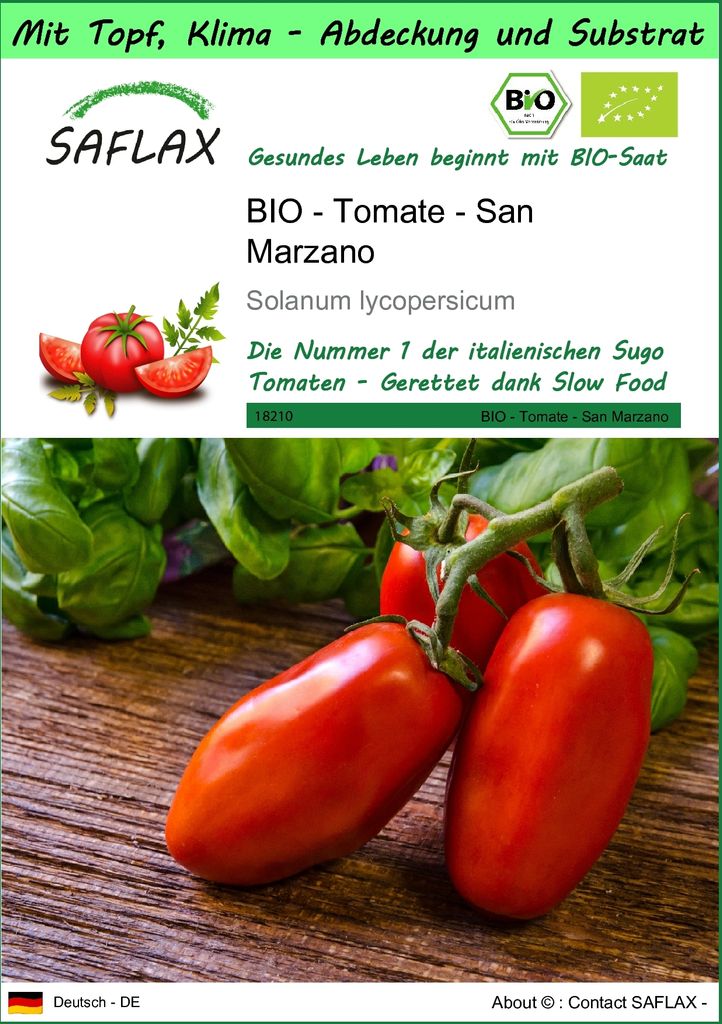 SAFLAX Garden to go - BIO - Tomate - San Marzano - Solanum lycopersicum - 15 Samen - Mit Topf, Klima - Deckel und Anzuchtsubstrat
