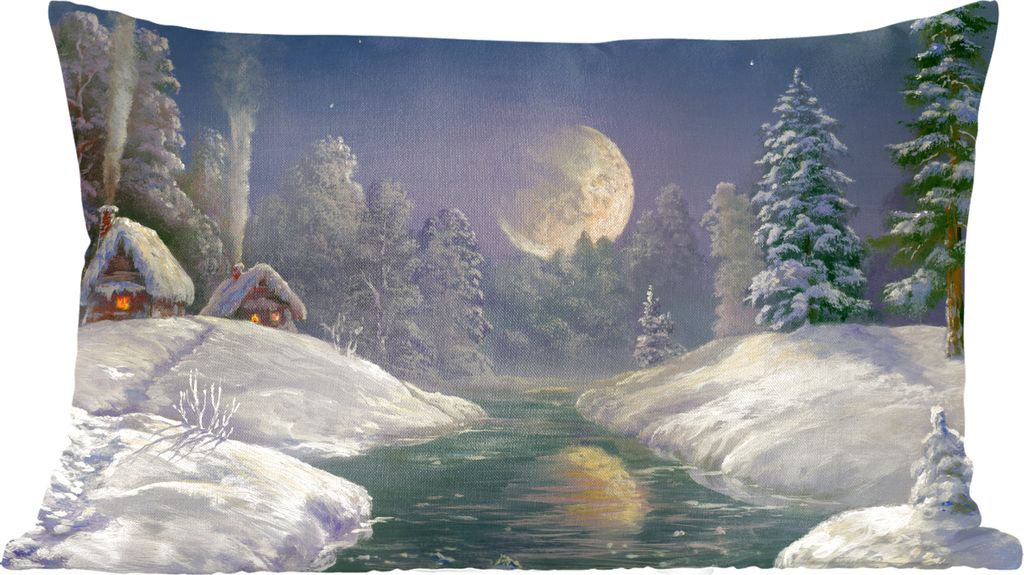 MuchoWow Zierkissen Sofakissen Wohnzimmer Dekokissen 50x30 cm Winter - Mond - Haus - Malerei - Wohnzimmerdekoration - Polster mit Photo