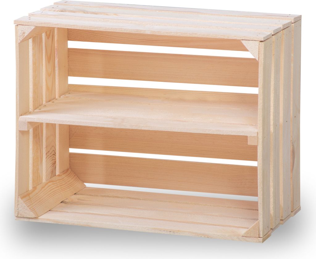 A wooden crate with two shelves, presented against a white background.