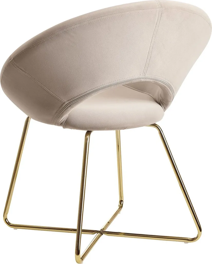 Chaise en velours beige assise coque et pieds métalliques dorés fins