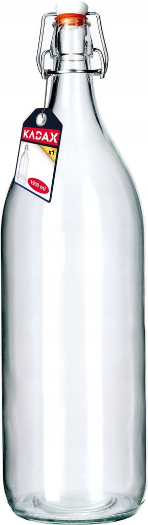A clear glass bottle with a swing-top lid and a tag attached to the neck.