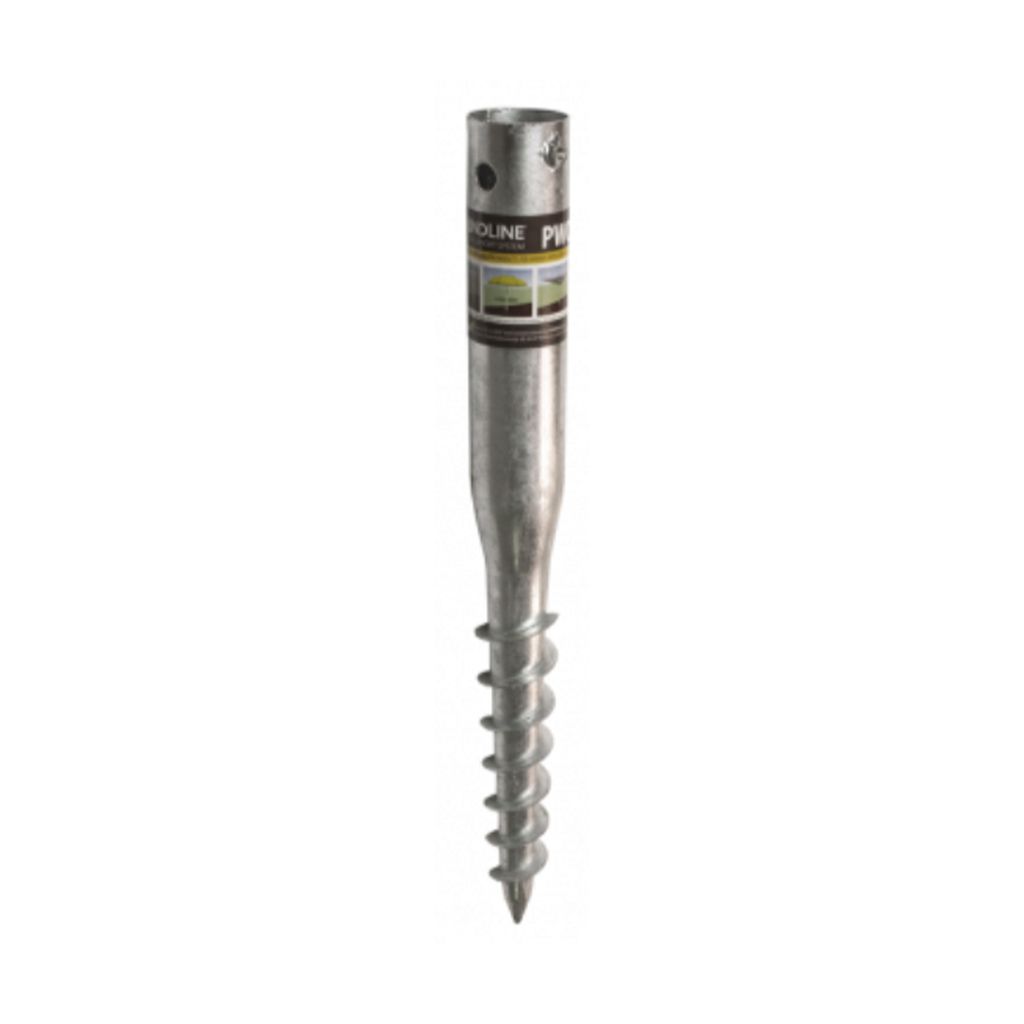 A single metal ground screw with a spiral base and a cylindrical top with a label.