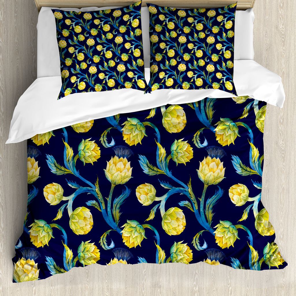 ABAKUHAUS Artischocke Bettbezug, Art Nouveau Essen, Milbensicher Allergiker geeignet mit Kissenbezügen, 155 cm x 220 cm - 80 x 80 cm, Blau Violett