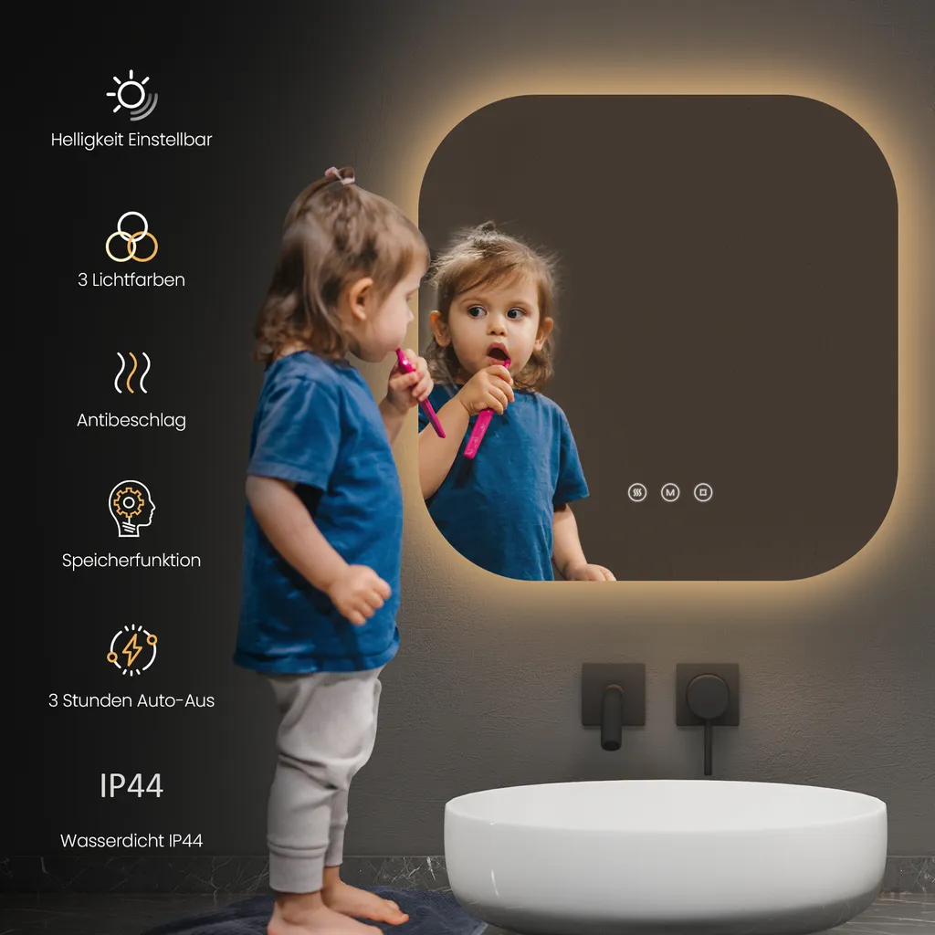 Specchio EMKE LED 60x60: Sicuro, Antinebbia e per Tutta la Famiglia - 6