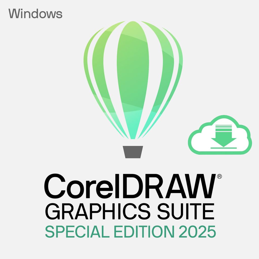 A graphic representing CorelDRAW Graphics Suite Special Edition 2025, featuring a hot air balloon icon and a cloud download icon.