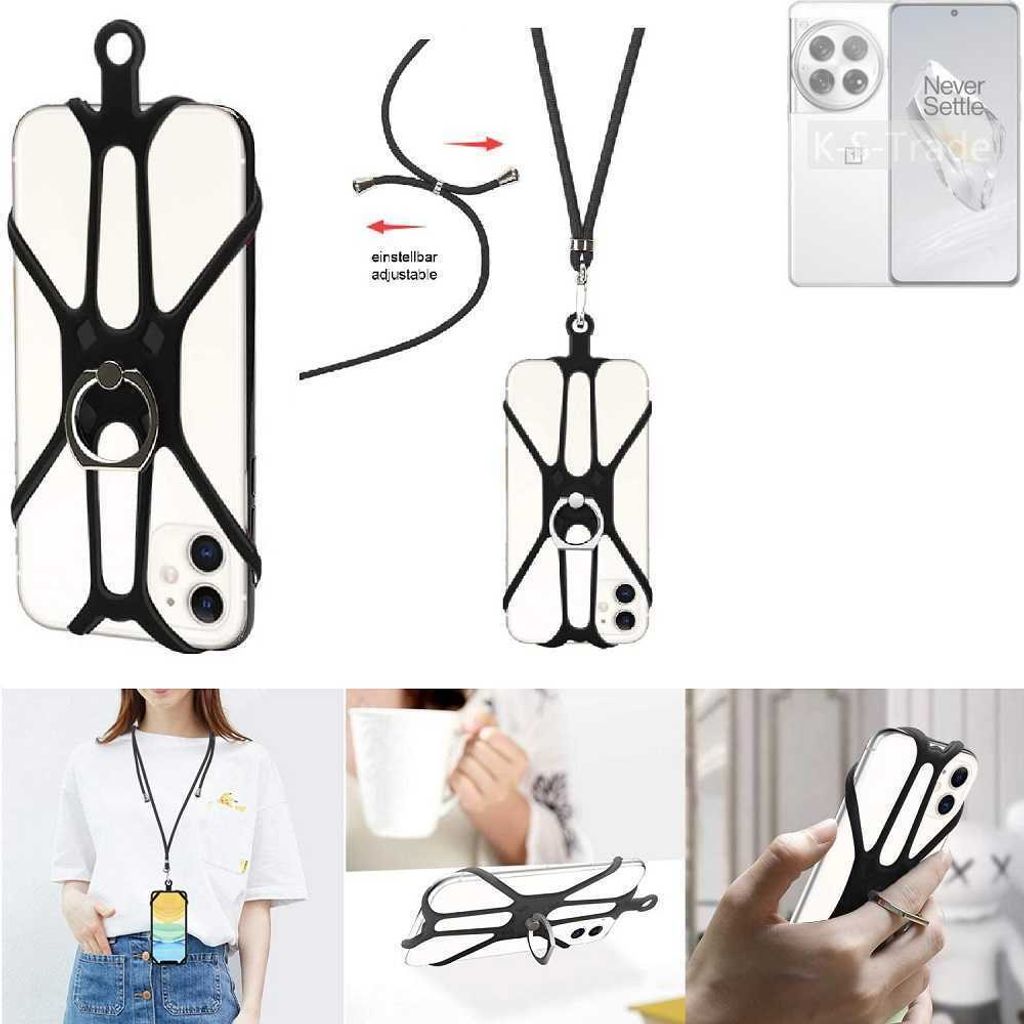 K-S-Trade 3in1 Handykette Handyband Handykordel Halsband Smartphone-Ring Handy-Ring kompatibel mit OnePlus 12 Fingerhalterung Handyring Tischständer