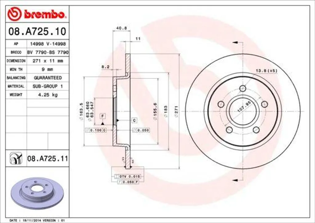 Brembo 08.A725.11 Disque de frein arrière pour Ford Focus III 1.6 TDCi