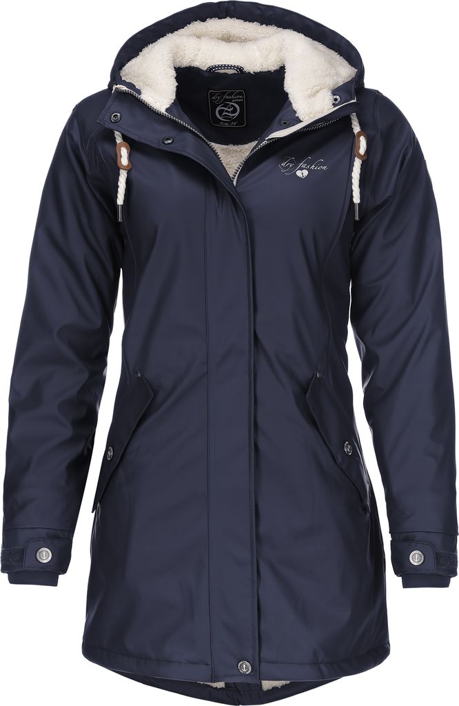 Dry Fashion Damen Regenmantel Malmö - Frauen Regenjacke Jacke mit Kapuze Lang Winddicht Wasserdicht Gefüttert mit Teddyfleece in Navy Größe 36