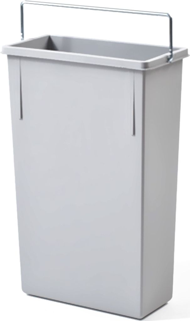 A light gray trash can insert with a silver handle.