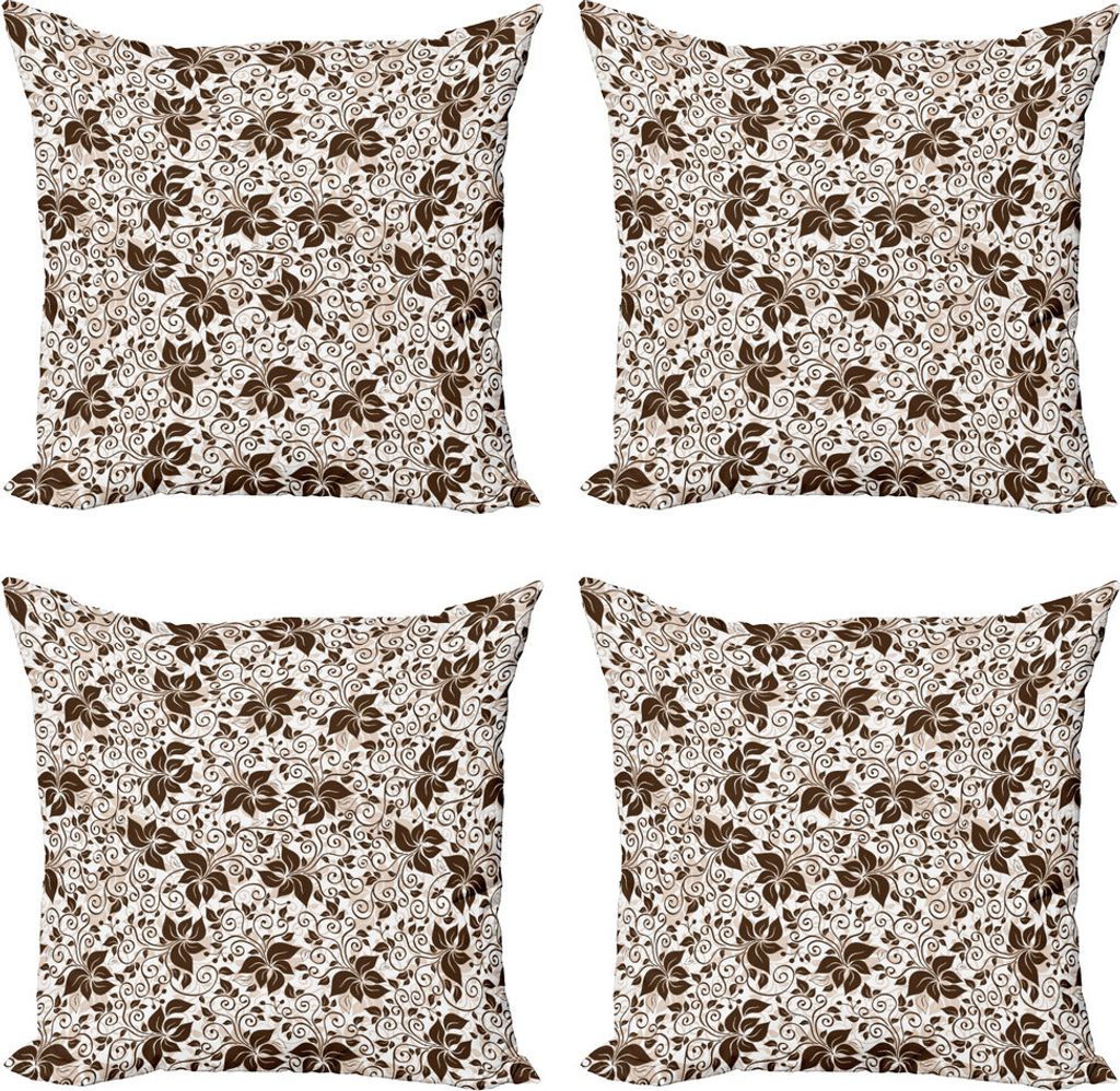 ABAKUHAUS Erdfarben Kissenbezug Set (4 Stück), Brown-Blumen-Blätter, Moderner Doppelseitiger Digitaldruck, 45 cm x 45 cm, Dark Brown White