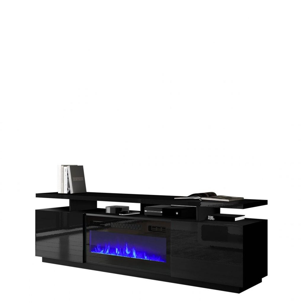 Mirjan24 TV-Lowboard Eva mit Kamin, RTV-Schrank vom Hersteller, TV-Möbel, Stilvoll Wohnzimmer (Schwarz / Schwarz Hochglanz, mit Kamin Schwarz, mit...