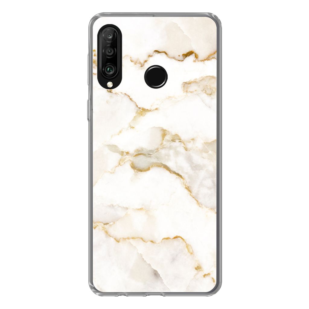 MuchoWow Handyhülle Schutzhülle Hülle für Huawei P30 Lite Marmor - Limette - Gold - Luxus - Marmoroptik - Weiß Silikon Softcase Handy Hülle...