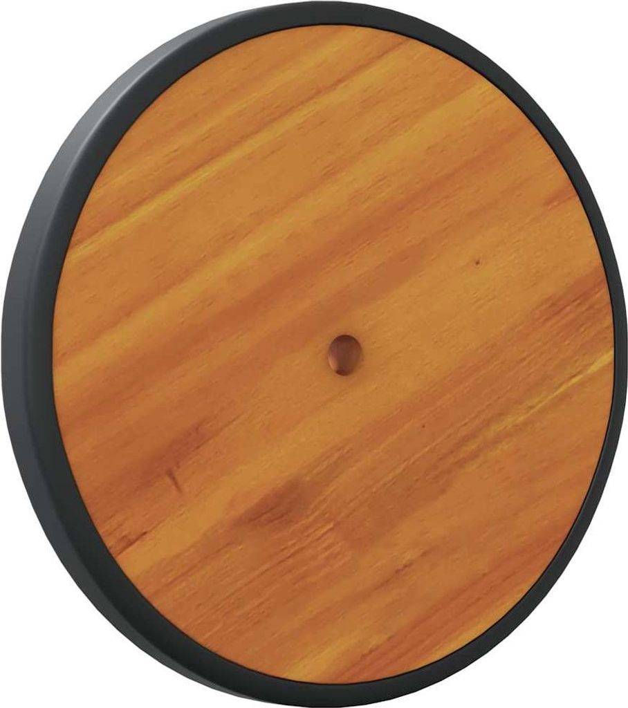 A circular wooden object with a black rim, centered on a white background.