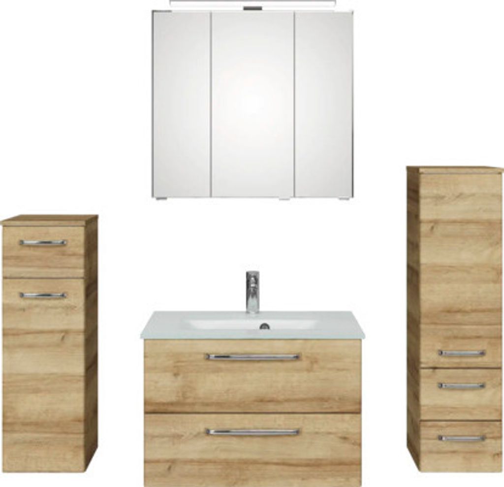 Badmöbel-Set Pelipal Kumba BxHxT 137 x 200 x 50 cm Frontfarbe eiche riviera 5-teilig und mehr mit Glas-Waschtisch weiß,