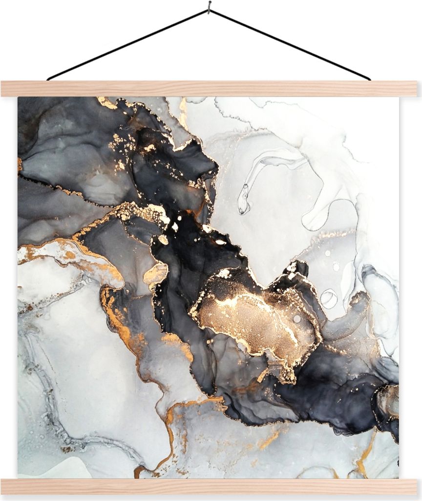 MuchoWow Textilposter Marmor - Schwarz - Weiß - Gold - Luxus - Abstrakt 120x120 cm mit holzfarbenen Rahmen - Textil-Poster