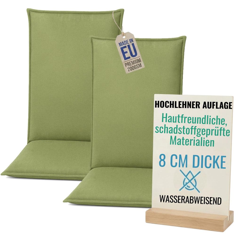 Pillows24 - 2x Hochlehner Auflagen 120x50x8 cm | Bequeme & Wetterfeste Gartenstuhlauflagen | Polster Sitzkissen für Gartenmöbel | EU | Lemon