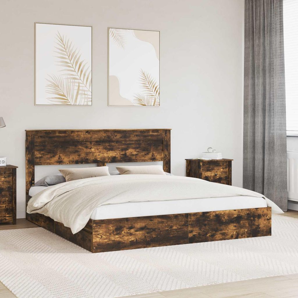 "Schlussverkauf" Doppelbett 2 PLACES - Aufbewahrungsbett Schlafzimmer - Geräucherte Eiche 180x200 cm Holzwerkstoff C4553