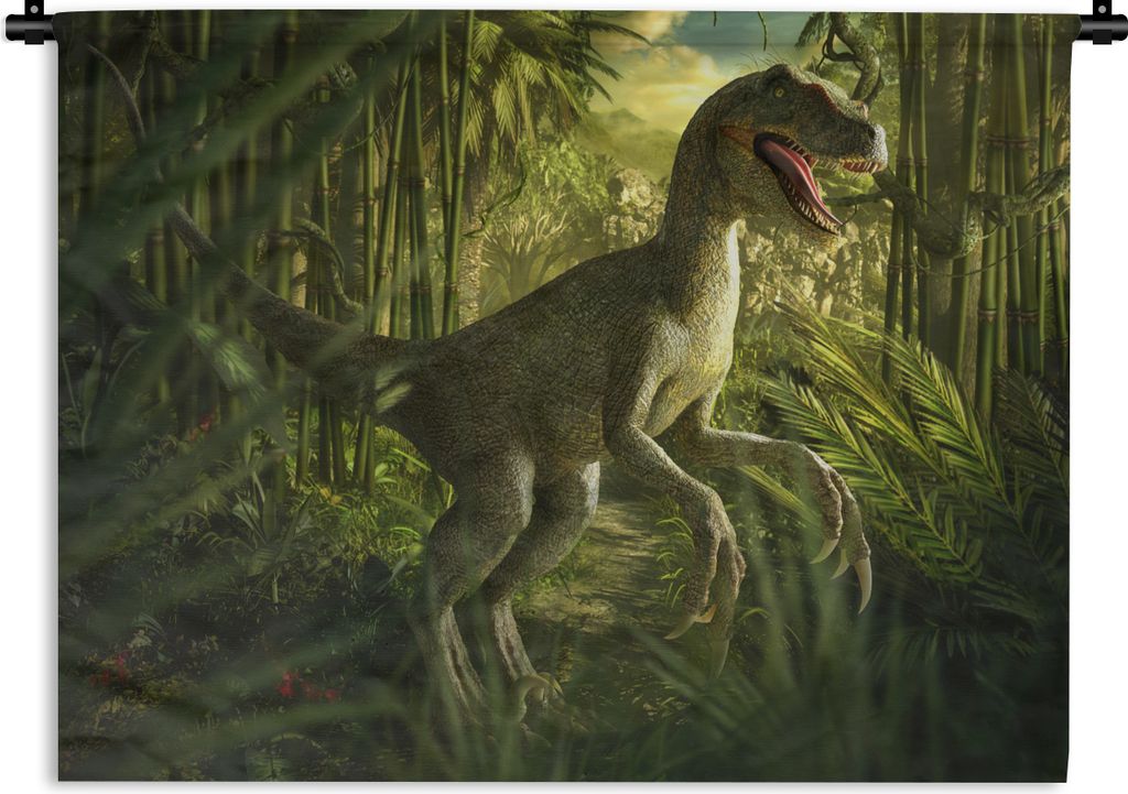 MuchoWow Wandteppich Wandbehang Dinosaurier - Pflanzen - Grün - Illustration - Kinder - Jungen 60x45 cm Tapisserie Dekoration Wandtuch - Das Sch...