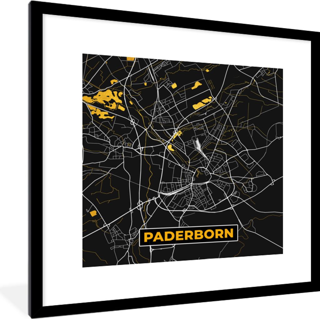 MuchoWow Gerahmtes Poster Stadtplan - Karte - Paderborn - Gold - Deutschland - Karte 40x40 cm - Poster mit Schwarzem Bilderrahmen Wandposter Rahm...