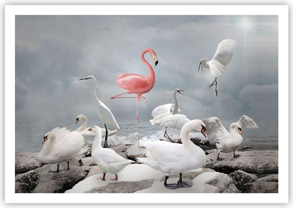 Poster - Poster ohne Rahmen - Flamingo Schwan Fantasie - 100x70 cm - Wand Bild - Wanddeko - Wandbilder - Kunstposter - Wandposter - Bilder - Kunstd...