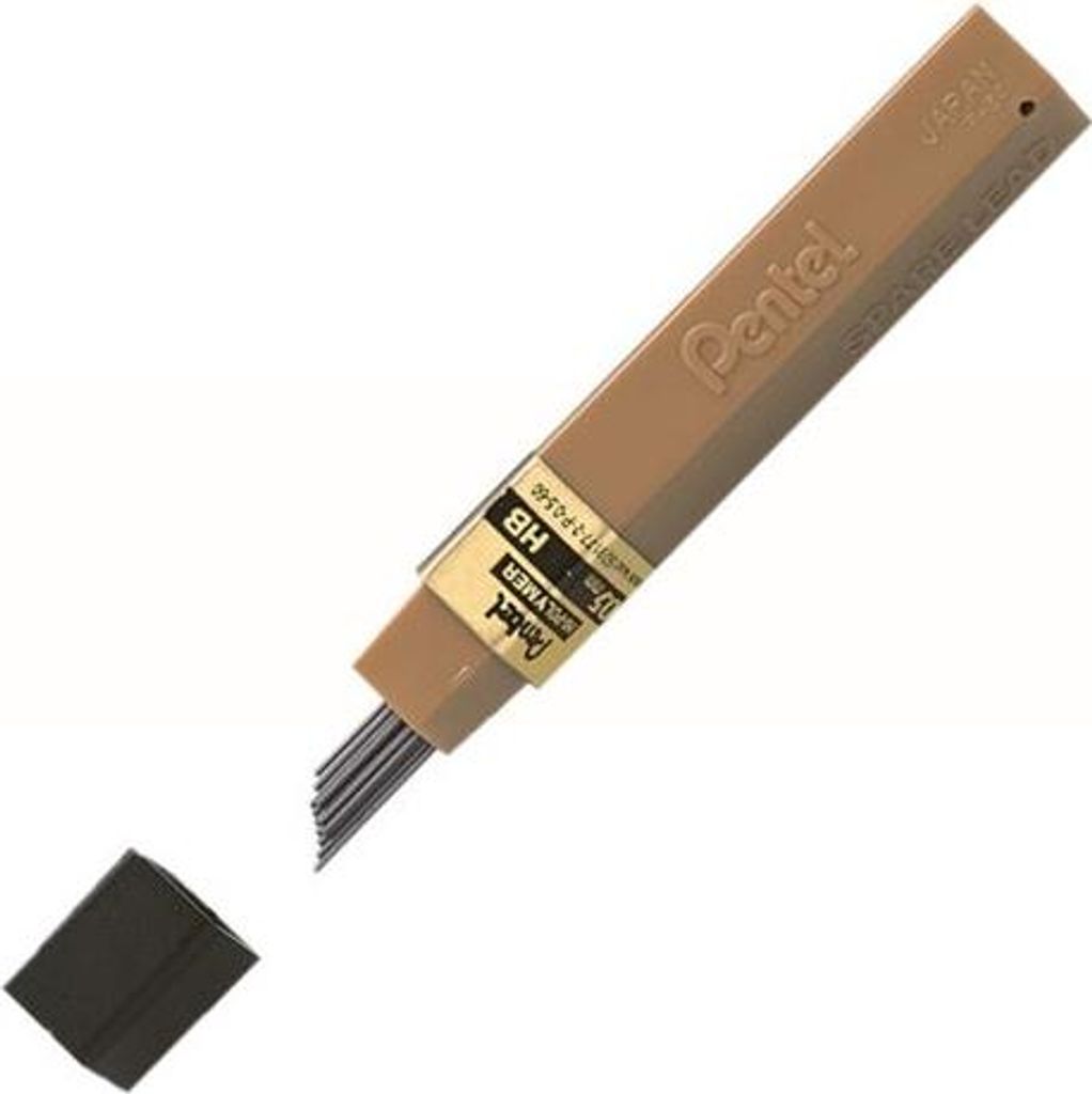 A container of Pentel mechanical pencil lead with the cap off and some lead exposed.