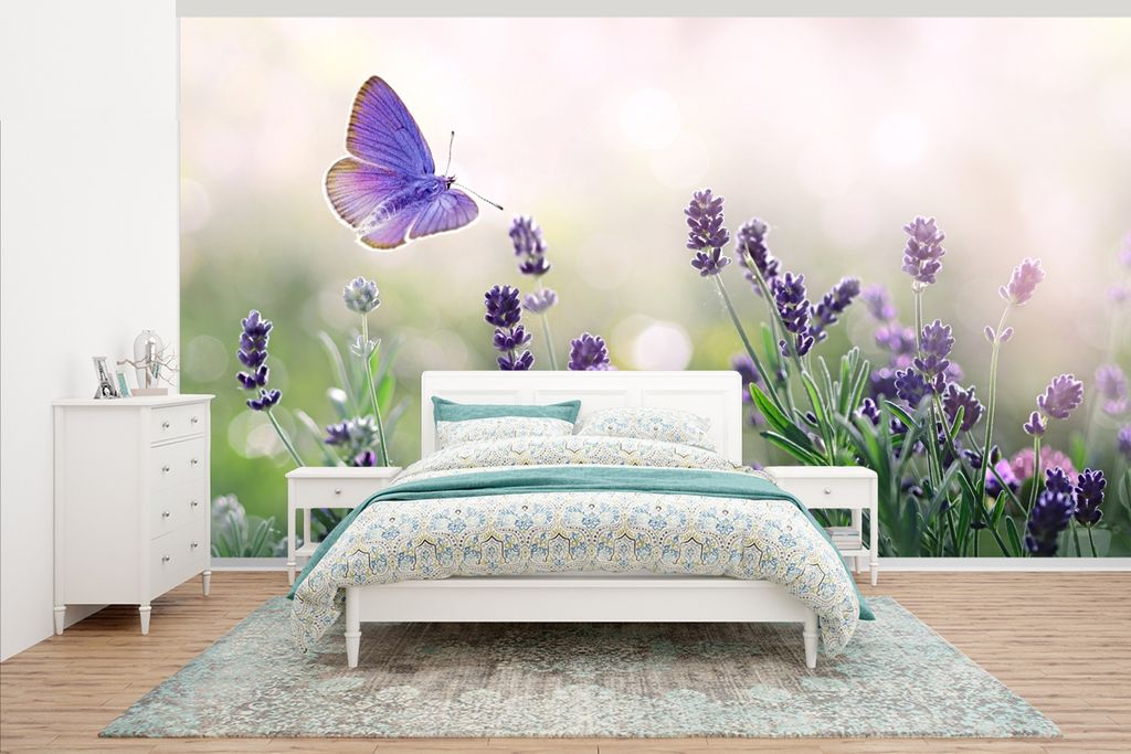 MuchoWow Fototapete für Wohnzimmer oder Schlafzimmer Wandtapete Vinyl Motivtapete Blumen - Schmetterling - Lavendel - Sommer - 395x220 cm - Tape...