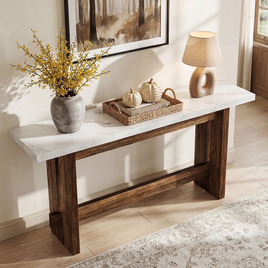 Tribesigns 160 cm Holz Konsolentisch, Schmaler Sofatisch mit Kunstmarmorplatte, rechteckiger Eingangstisch für Flur, Diele, Wohnzimmer, Braun