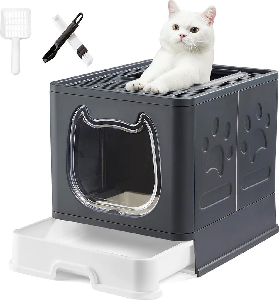 Geschlossene Katzentoilette mit Deckel, niedriger Einstieg für Kitten, Top-Entry Anti-Spritz Katzenklo, faltbar mit Schaufel & Bürste