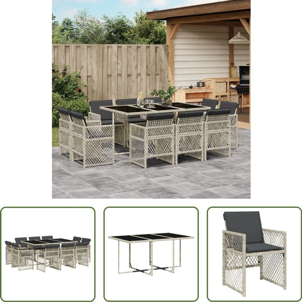 The Living Store 11-tlg. Garten-Essgruppe mit Kissen Hellgrau Poly Rattan
