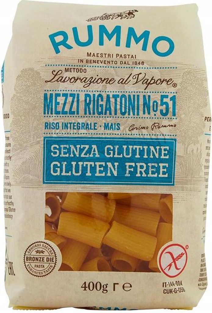 A bag of Rummo Mezzi Rigatoni No. 51 pasta.
