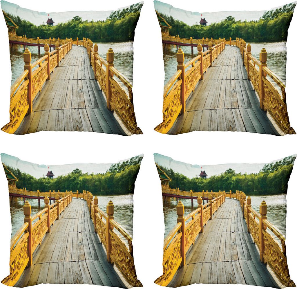 ABAKUHAUS Landschaft Kissenbezug Set (4 Stück), Holzbrücke Reisen, Moderner Doppelseitiger Digitaldruck, 40 cm x 40 cm, Mustard Tan Grün