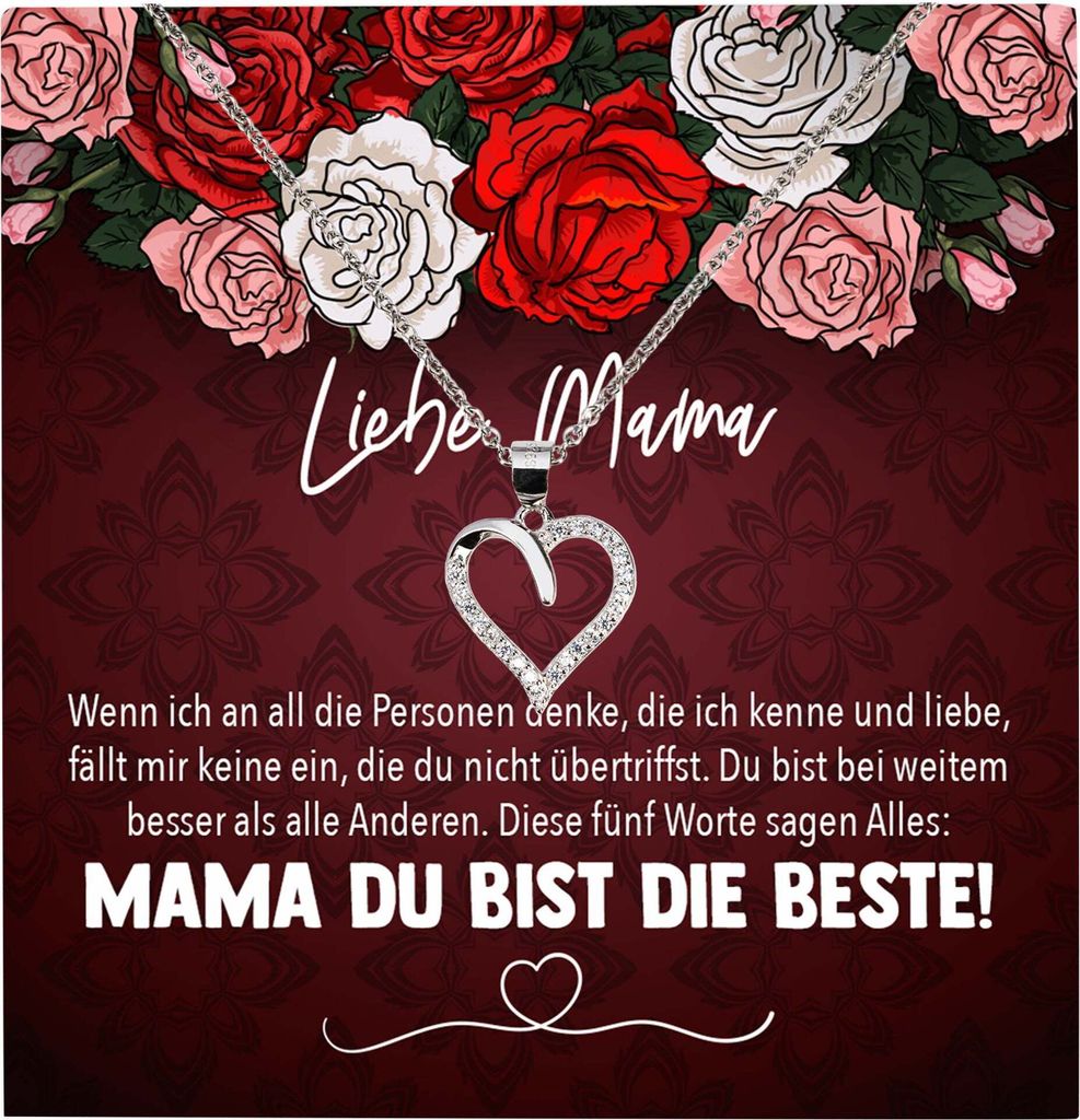 22Feels Echt Silber Halskette - Liebe Mama Geschenk Geburtstag Muttertag Mutter Schmuck Set für Frauen - Herz Anhänger, Karte
